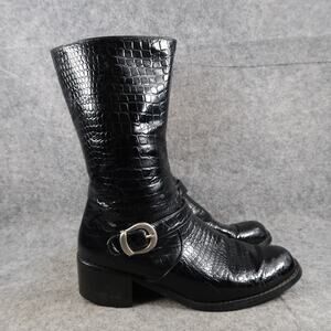 Blue Lagoon Shoes Womens 36.5 Boots Croc Embossed Black Mid Calf Biker Harness